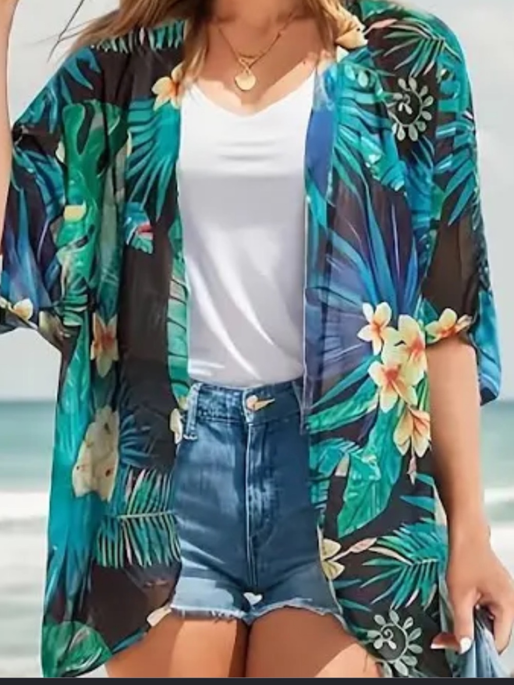 Tropical Green Floral Beach Kimono Cover-Up
